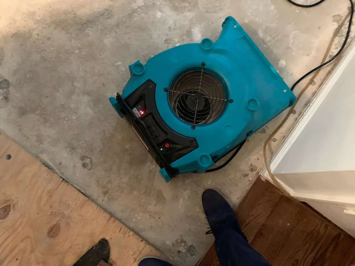 Air mover drying subfloor during Commercial Water Damage Restoration in Vine Grove